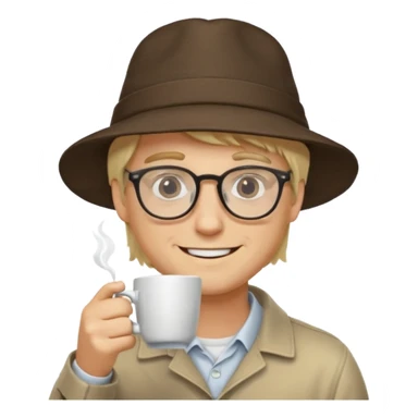 glasses long hair blonde man drink coffe with hat  sticker