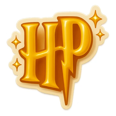Create a logo based on the provided reference image in yellow color. Add magical elements like stars to create a magical atmosphere inspired by Harry Potter. Include expressive shadows and highlights, without any outline, in a retro sticker style. sticker