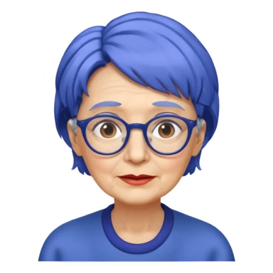 old lady with cobalt hair, wearing glasses, slight curl short hair, long face sticker