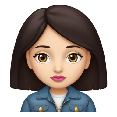 Gordita, ojos pequeños de color cafe oscuro, labios pequeños y rosados, piel trigueña, orejas pequeñas, cabello largo lazio y negro, pequeña. cuerpo completo. vestida con saco jean y botas sticker