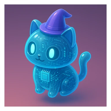 futuristic tech style AI helper cat with a magic hat on its head sticker