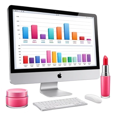 iMac computer with bar charts and beauty products like lipstick, nail polish, cream jars on the screen sticker
