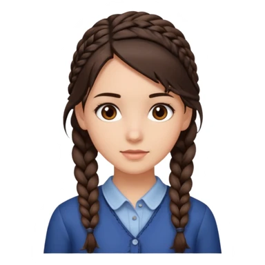 Draw me a brunette girl, with medium-length hair, dark brown eyes, and a side braid sticker