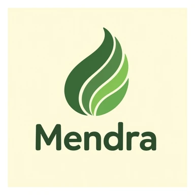 Logo for 'Mendra', organic foods and wellness. Leaf made of flowing green lines, upward curve for vitality. 'Mendra' below in modern sans-serif, vibrant green shades. Soft beige and pale green gradient background, Notion black doodle style. sticker