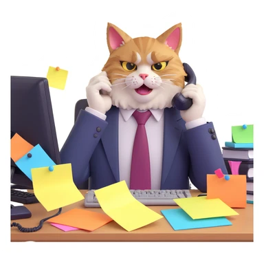 furious office cat with ruffled fur tie askew sitting at cluttered workstation facepalming in exasperation surrounded by sticky notes ringing phone fed up with endless dumb questions sticker