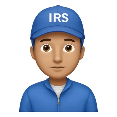a man dressed in blue with a cap on that says IRS sticker