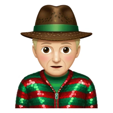 Freddy Krueger with red and green stripe sequin sweater, dark brown sequin jacket and hat sticker