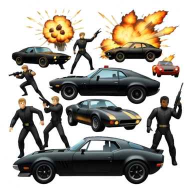 Photorealistic Icon for Action Movies: Dynamic collage of iconic action movie scenes featuring explosions, fast cars, combat, and weapons. Include silhouettes of famous action heroes, dramatic lighting, and a sense of high-octane energy. Transparent background. sticker