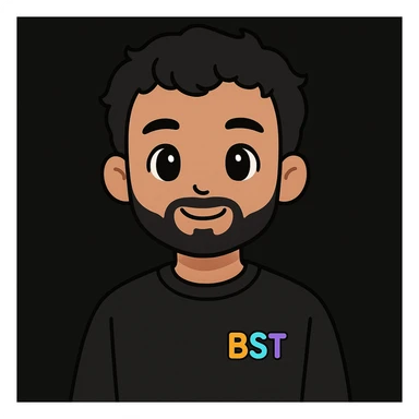 2D digital anime-style portrait of a young adult male with medium skin tone, short wavy black hair, almond-shaped black eyes, and a full beard. Wearing a plain black sweatshirt with the BST logo in vibrant colors (orange, teal, purple, blue) on the left chest. Solid black background. Facing forward with a slight smile (no teeth). Soft and flat lighting, clean anime lines, smooth shading. Professional, cohesive team style. sticker
