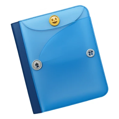 A translucent blue plastic folder with rounded corners, elastic string and button closure, soft matte finish, and a passport/travel symbol on the front. sticker