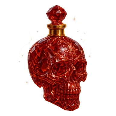 crystal luxurious skull-shaped elixir bottle, red, very small golden collar, lots of shine, edges, ornaments, golden details, magical effects, transparent background, clearly hanging in the air, no base or shadow, premium class, matching the collection sticker