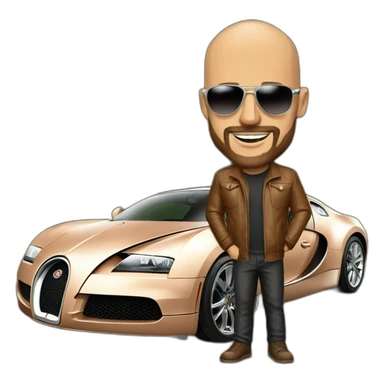 bald man wearing shades and has trimmed beard with normal colored skin standing next to a copper bugatti sticker
