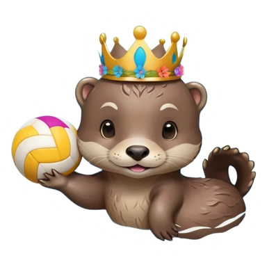 super cute baby otter with a colorful flower band/crown around its head, gentle expression and soft rounded eyebrows, floating on VERY CLEARLY VISIBLE blue water with prominent waves and ripples, baby otter with big sweet eyes holding a volleyball with both small paws above the water sticker