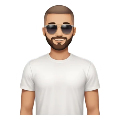 A confident young man with a stylish buzz cut and beard, wearing dark sunglasses and a clean white T-shirt. He smiles slightly while standing outdoors against a clear sky and modern urban background. sticker
