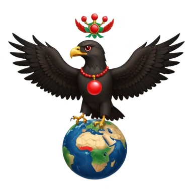 Fully black eagle with red mala bead necklace, the eagle's head facing the left with a single eye visible, wings spread full length, standing over an earth emoji with the African continent centered on the earth emoji. Replace the eye of the eagle with a Japanese Yen currency symbol. sticker