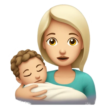 European sad mother with newborn sticker