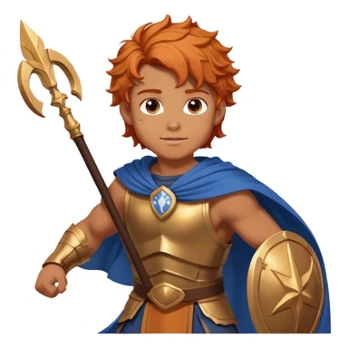A muscular young hero with wavy orange hair and a determined smile. He wears a Greek-style brown tunic with a blue cape, bronze armor, and a headband. His stance is confident and heroic, exuding strength and courage sticker
