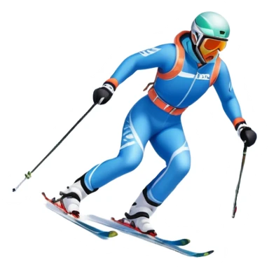 An icon featuring a skier racing down a snow-covered slope, surrounded by snowy peaks, pine trees, and a picturesque mountain landscape. The sky is blue with soft clouds, capturing the thrill and beauty of alpine skiing. Transparent background highlights the excitement and serenity of winter sports. sticker