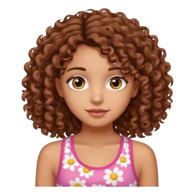 A pretty girl with tan skin and brown wavy curly hair, wearing a floral pink tank top with brown eyes sticker