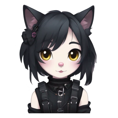 Gorgeous gothic dark techwear anime style anthro cat with blushing face aesthetic and pretty edgy black with collar and harness trending style sticker