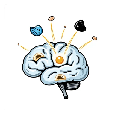 A crystalline brain with pieces of blue fish, egg yolk and fermented soy floating in a spiral around it. Thin light beams connect these foods to bright points on the brain, dissipating mental fog and creating clarity. sticker