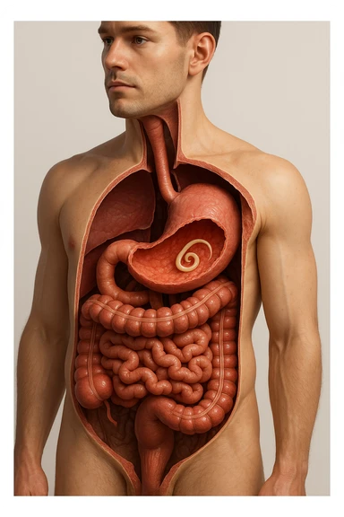 a 3D cutaway view of the human digestive tract, showing an Anisakis larva attached to the stomach or intestinal wall. in a man sticker