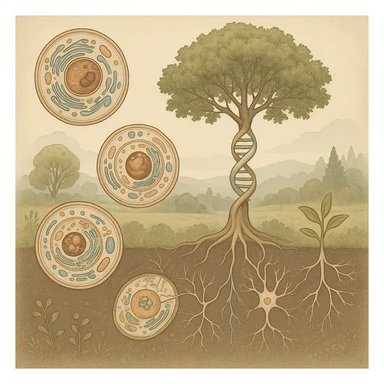 A realistic biological illustration showing: DNA strands transitioning into a tree, cells with visible organelles, neurons connected to plant roots  and a balanced ecosystem background . Seamless integration, no labels or borders. Scientific color scheme, detailed but minimalist. sticker