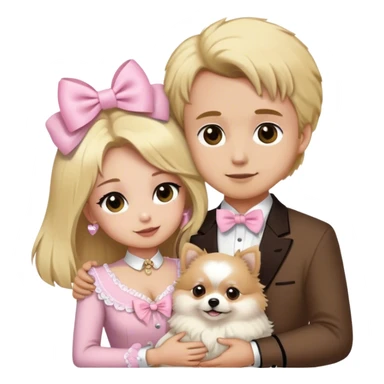 Blond girl with old money outfit white brown eye skin with husband brown hair hugging white Pomeranian with light pink bow sticker