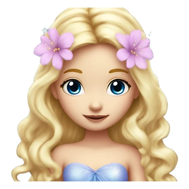 Fairy, a blonde hair with blue eyes and a pink dress with sparkly wings. Flowers. White wings. The fairy has long, curly hair with a lot of volume sticker