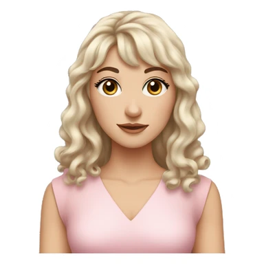 White woman with long black curly hair and bangs and dark brown eyes, wearing a pastel pink dress sticker