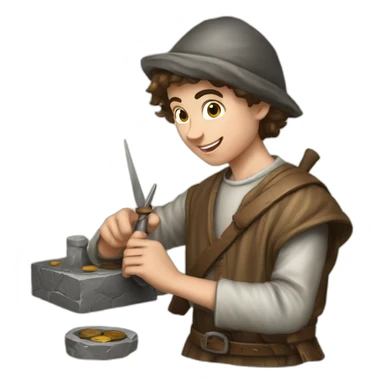 young coin engraver apprentice yielding tool, medieval age sticker