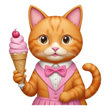 گربه ای نارنجی که لباس و پاپیون صورتی تنشه و پاپیون صورتی رو سرشه بستنی دستشه sticker