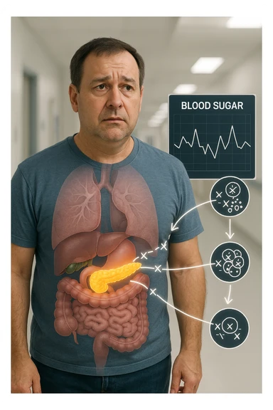 a middle-aged man stands in a clinical setting, with a semi-transparent overlay showing his internal organs. His pancreas is highlighted, and glowing lines or icons indicate disrupted insulin signaling between the pancreas and muscle or fat cells. The man’s expression is slightly concerned, and a digital chart beside him displays fluctuating blood sugar levels. The lighting is realistic, with a clean, modern medical background. sticker