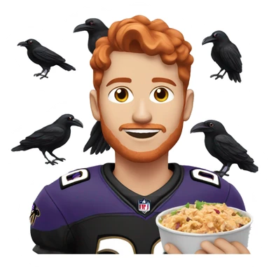 a red-haired young man wearing a ravens jersey and eating a chipotle burrito bowl sticker