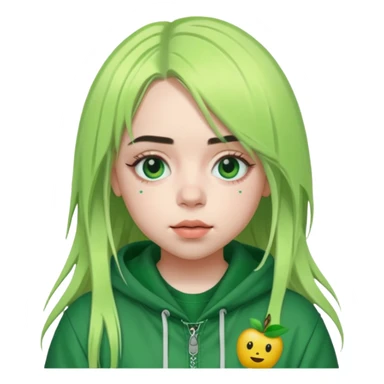 Billie Eilish with signature green roots, neutral face, pop music theme, Apple emoji style sticker