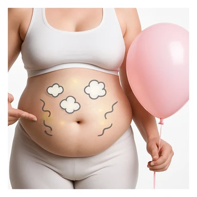 Realistic style edit of the woman identical to the photo with a very swollen abdomen. Add symbols of bloating like small clouds, curved lines, or a glow around the abdomen area. sticker