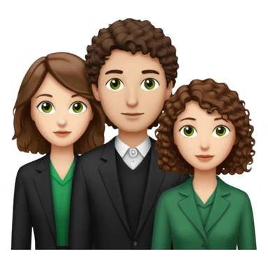 Man in the middle with brown straight hair and green eyes, women next to him with short brown hair with slight waves, tall women on right side with shoulder length curly hair and brown eyes sticker