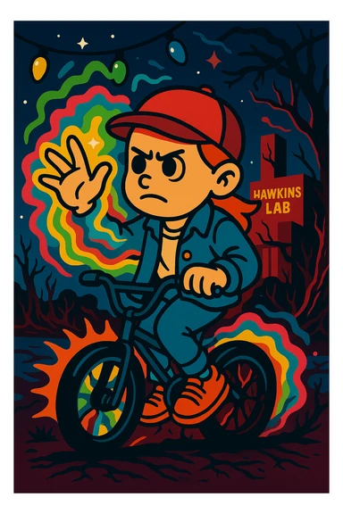 Stranger Things character in vibrant toon style, full color. Character with bicycle, Eleven's powers, dynamic pose, Upside Down background, colorful and lively, variation 4. sticker