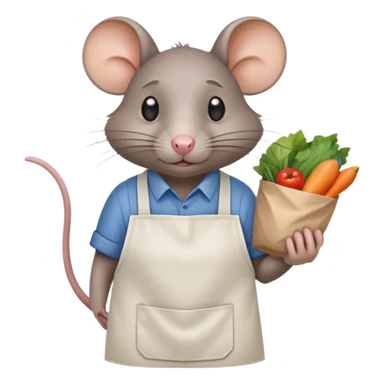 sad rat working as grocery store bagger with apron sticker