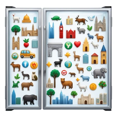 Icon for Magnet Collecting: a close-up of a fridge door covered with a variety of magnets, featuring cities, animals, symbols. The icon should highlight the diversity and charm of magnet collections. Transparent background. sticker