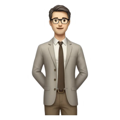Full height Actively gesturing with hands Pale skinned fit man with dark brown hair in gray jacket, beige office shirt, brown tie, brown pants and vintage glasses. sticker