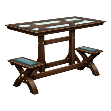A glass topped rectangular trestle table with a bench on each long sided  and a high-backed throne on each short side sticker