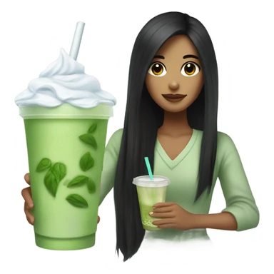 female with long black hair holding an iced matcha sticker