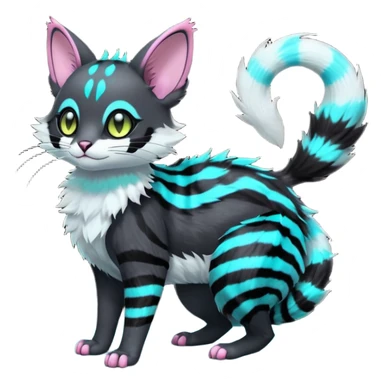  cute adorable pitch-Black-coated fur with glowing bioluminescent random colorful neon-markings iridescent beautiful elegant pretty precious cute young youthful  Fakémon-Pokémon-alien-opossum-feline-serval-caracal-chinchilla-Minccino-hybrid-creature with a big fluffy bushy striped tail (full body) sticker