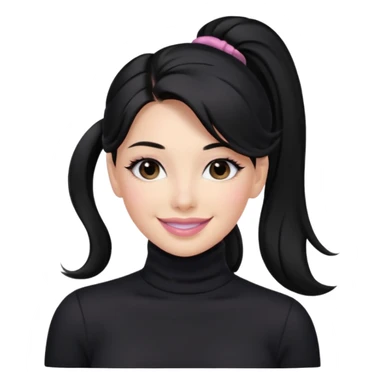 a woman with long sleeve turtle neck top and smile, her hair is long black pony tail, her eyes color are black and the color of her lip is soft pink sticker