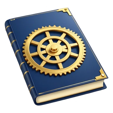 A navy blue book with gold details, metallic edges, and a golden gear with a chart with upward trend on the cover, radiating productivity, strategy, and success in motion- sticker