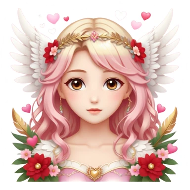 Dreamy pretty pastel anime flowers feathers hearts wings angelic laurel lady with pretty hair and gorgeous eyes, romantic aesthetic, reds, pinks, golds, whites, gradient hues, shiny, sparkly, cute, beautiful, sexy sticker