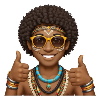 African Black tribal man with curly hair, traditional tribal face paint, wearing sunglasses, smiling, thumbs up sticker