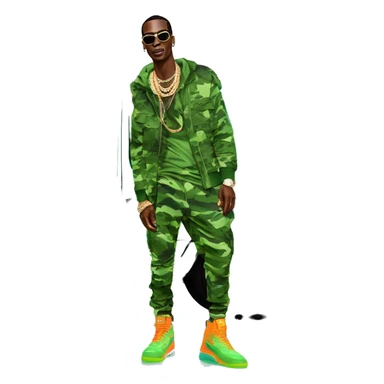 rapper,Young Dolph luxury clothes,blue diamond chain on,near his car, just opened drivers side car door to his all orange and green colored,whole car painted army camouflage, Mercedes G Wagon sticker