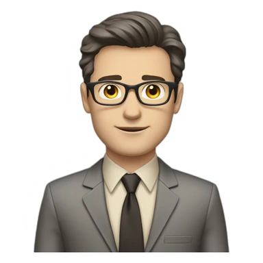 Full height Pale skinned Fit Man With dark brown hair in classic gray suit, beige office shirt, dark gray tie, and vintage glasses. His hands lock sticker